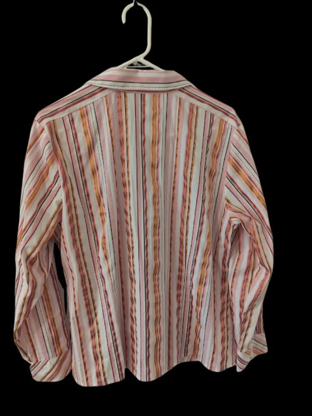Chico's Size 3 Pink Orange Metallic Stripe Button Front Shirt Stretch Cotton